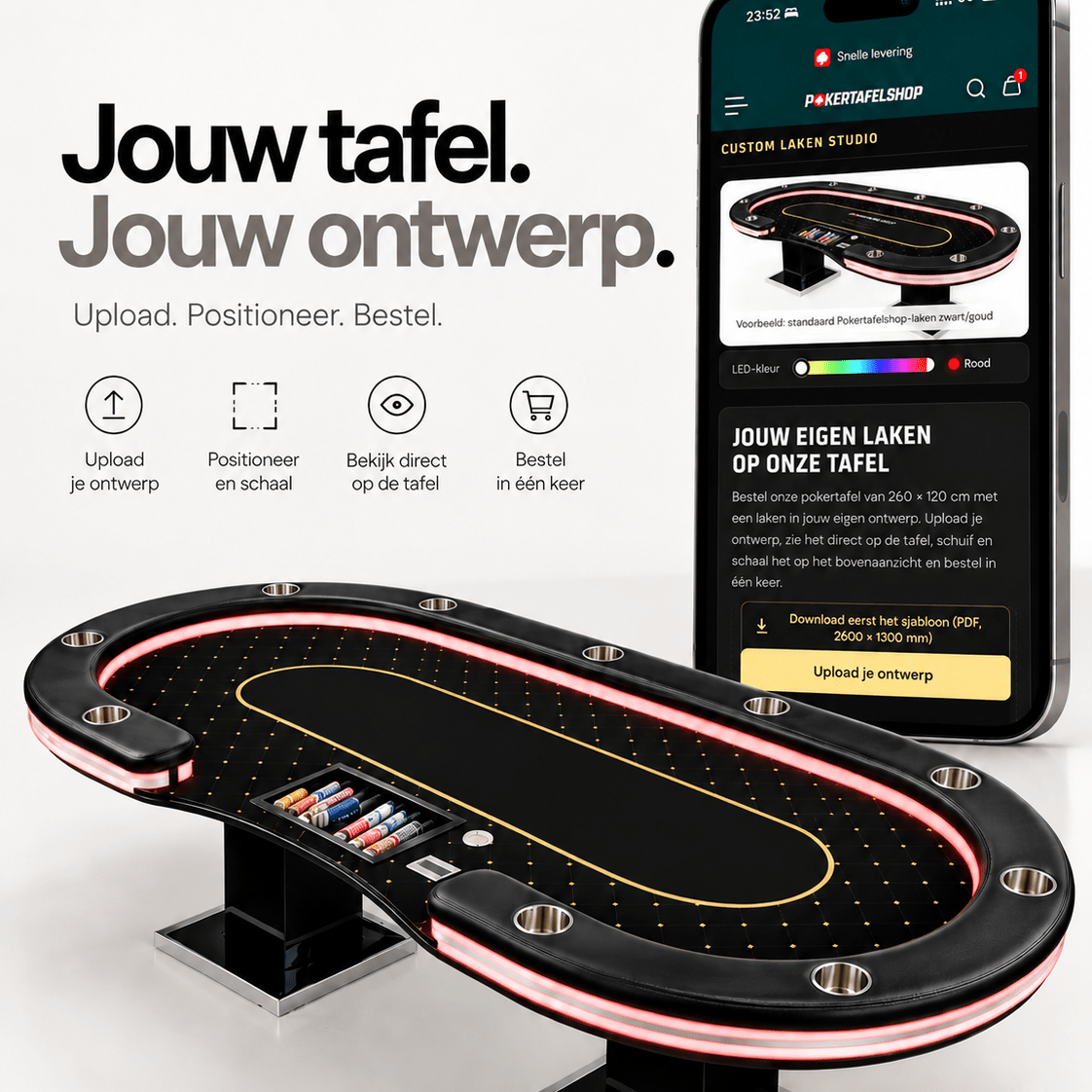 Pokertafel 260 × 120 cm met custom laken - Pokertafelshop.nl